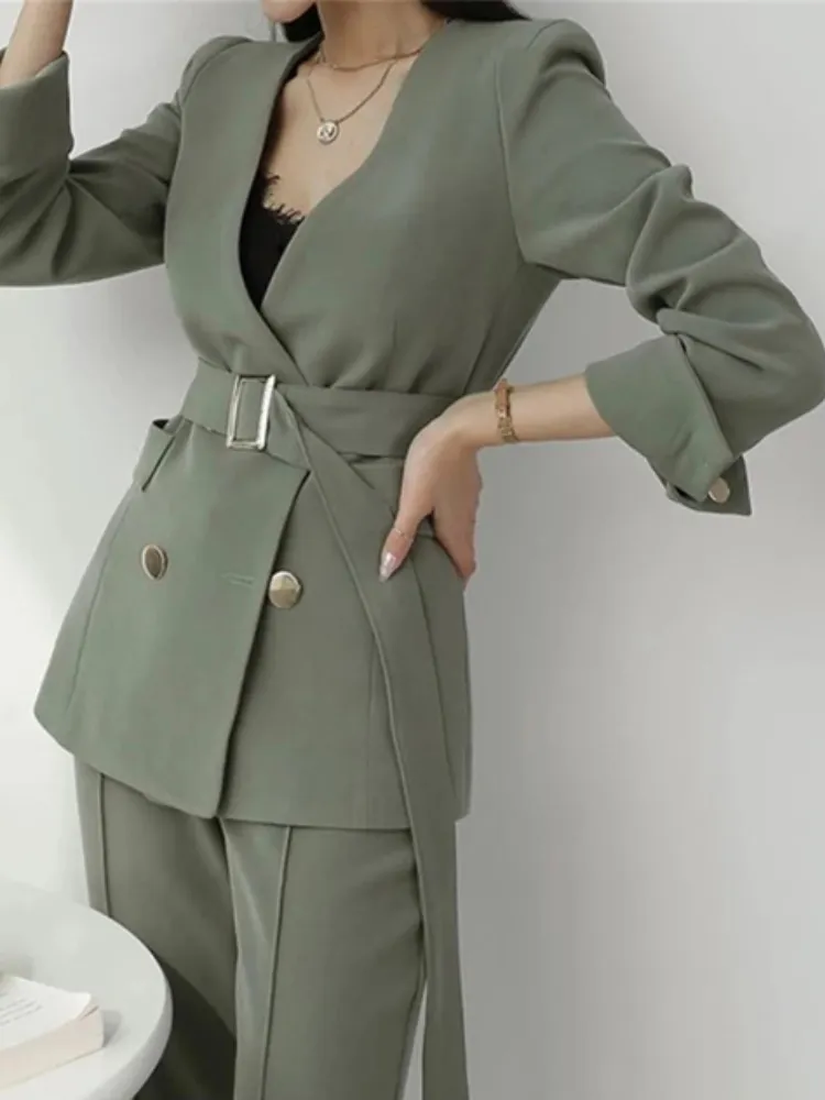 QNPQYX新しい秋の女性オフィススーツvネックグリーンツーピースセット女性ブレザーガーリーエレガントな気質パンツスーツセットアップレディース