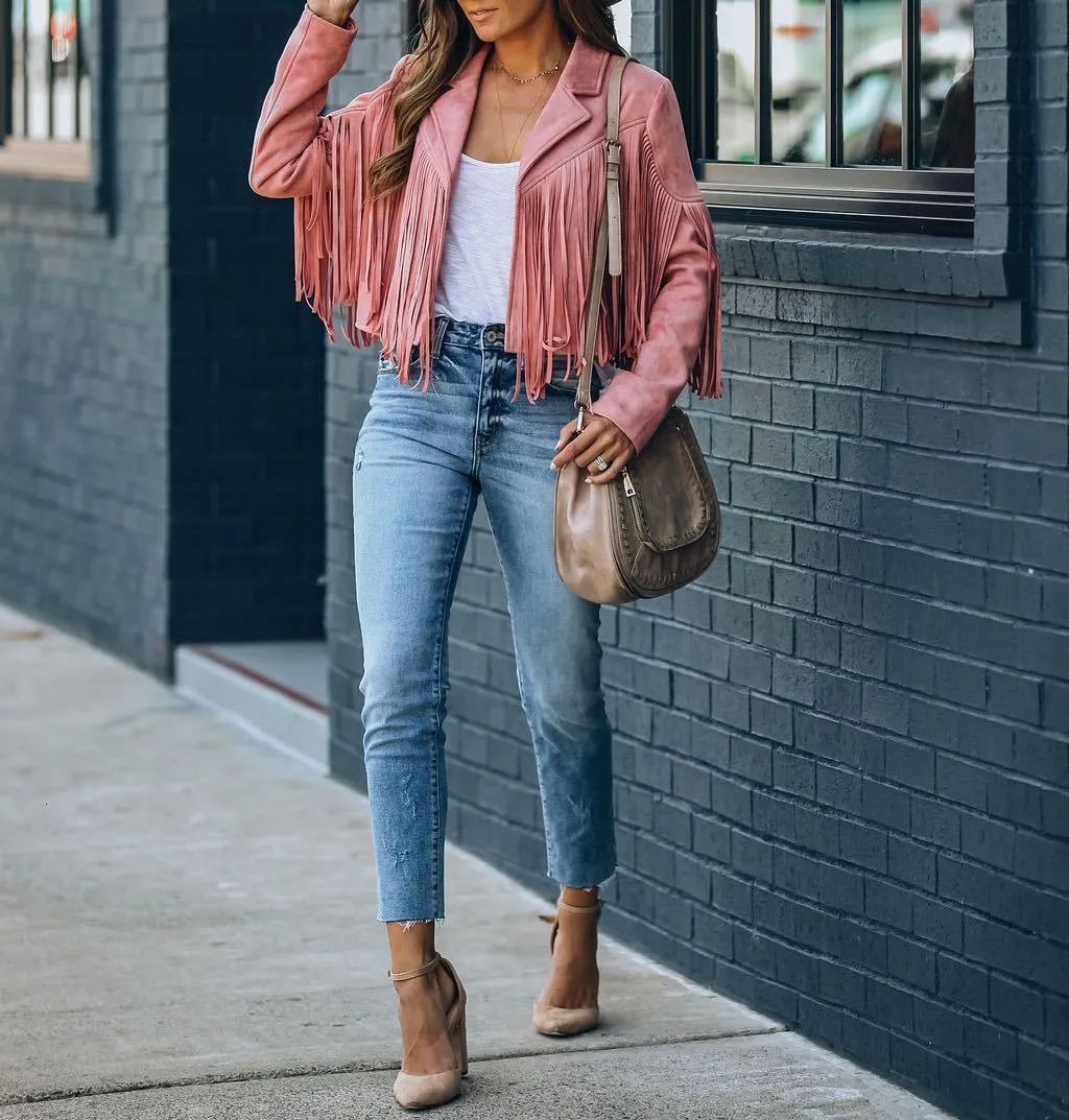 Pink Suede Biker Jacket Outfit Pink Suede Jacket New Arrivals Outfit