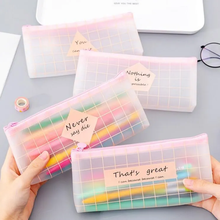Bags 20 pcs/lot Kawaii Transparent Lattice Pencil Case For Girl Cute TPU Pen Bag Box Stationery Pouch Office School Supplies