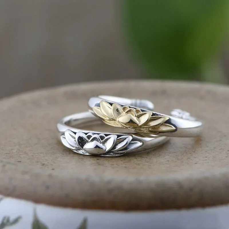 Vintage Lotus Flower Par Ring For Women Män Öppna justerbara guld silver färgringar flickor tillbehör smycken