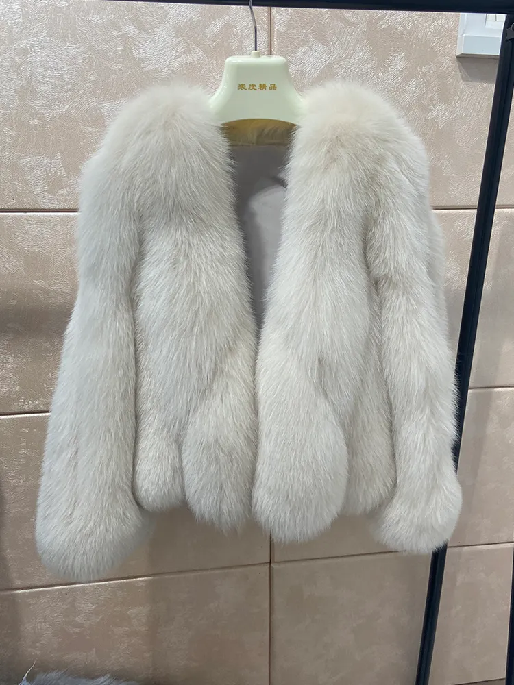 Nowe przybycie 55 cm Kobiety Zimowe puszyste grube naturalny futrzany płaszcz z lisiem futra kurtka ciepła naturalna futra