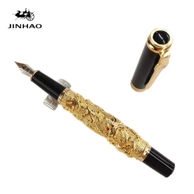 Penne Jinhao Gold Incisione di buon auspicio Incisione 3D Dragon Penna Luxury Writing Pen Business Regali in metallo Pennello Funga Metal 0,5 mm