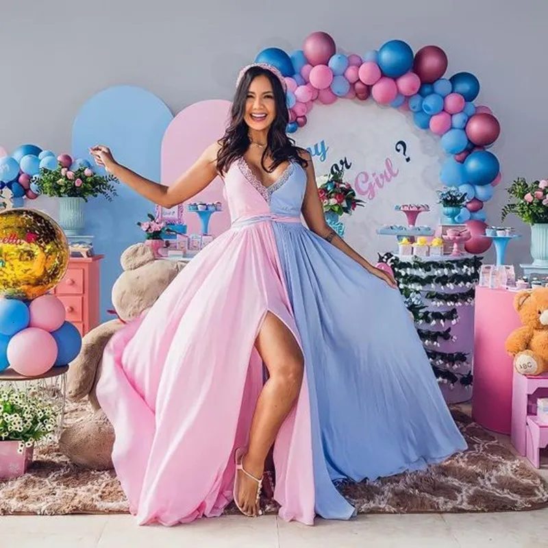 Maternity Dresses Trailing Maternity Dresses for Po Shoot Beach Pink and Blue Stitching Clothes for Pregnant Women Split V-neck Backless Dress 230628