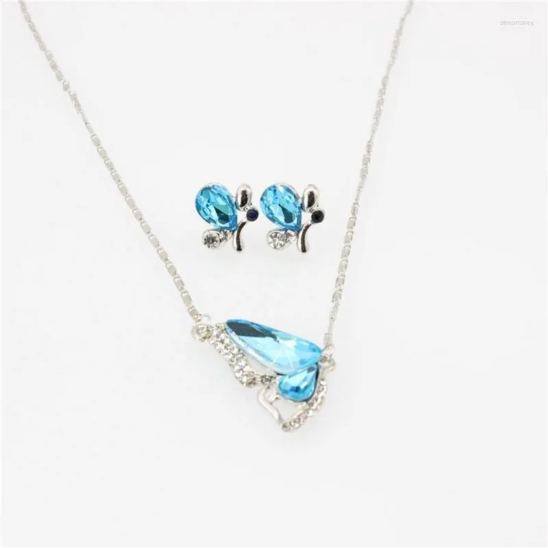 Halskette Ohrringe Set Silber Schmuck Geschenk Kristall Schmetterling Armband Anhänger