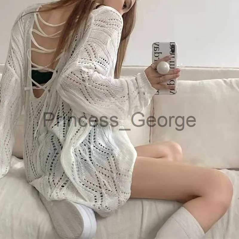 Robes de soirée Blanc Dos Nu Punk Chandail Femmes Harajuku Lâche Tricoté Crochet Manches Longues Top Sombre Esthétique Emo Alt Vêtements Mode Coréenne x0629