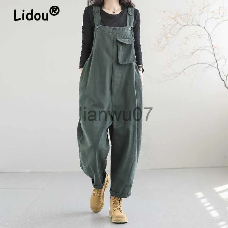 Kobiety Jumpsuits Rompers Vintage Oversizee Pockets Streetwear Casual Rompers Spring Autumn Women Korean Baggy Haren kombinezon kombinezon tkanina J230629