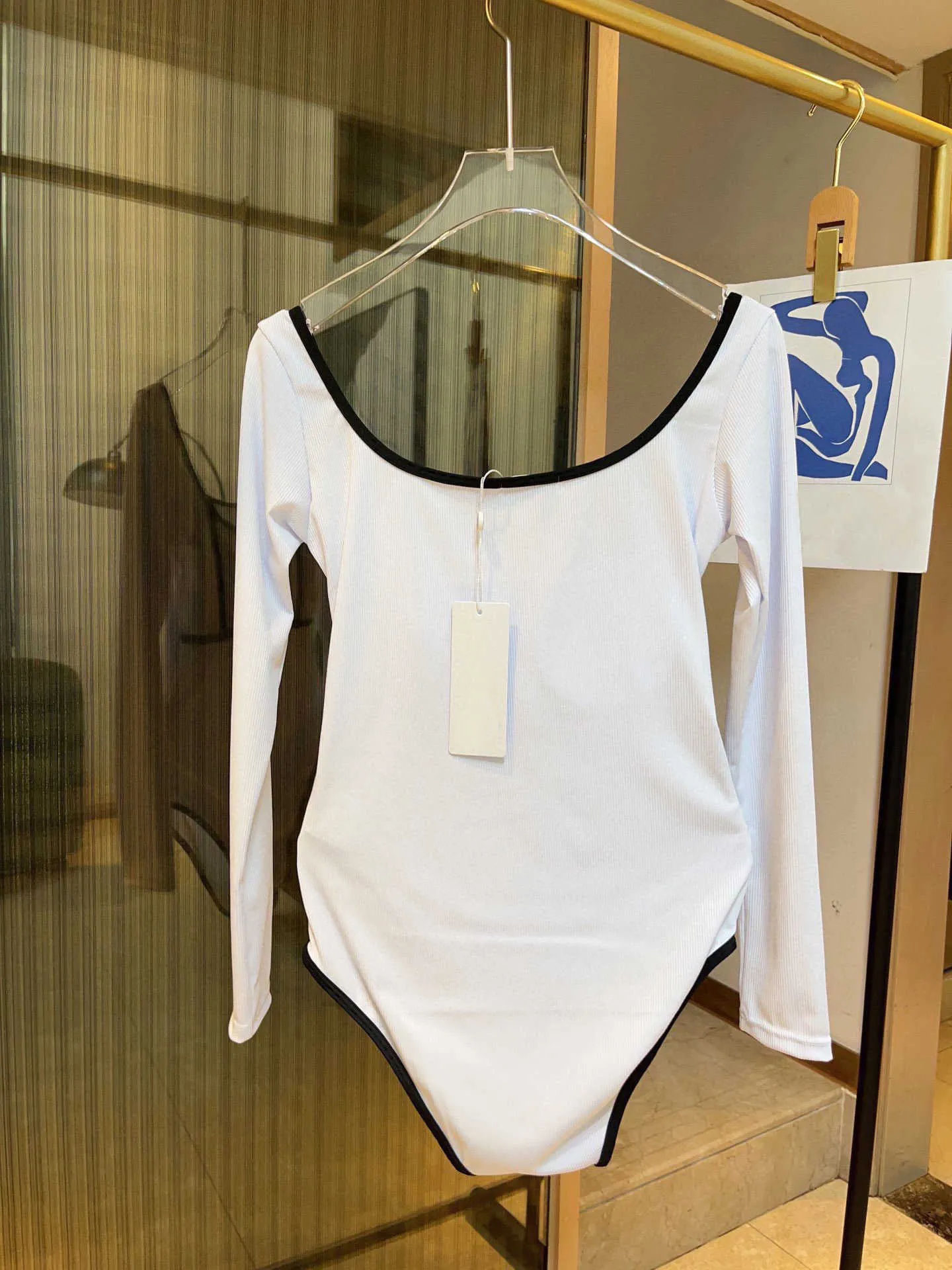 Women Swimsuit Designer White Swimwear Long Sleeve Round Neck