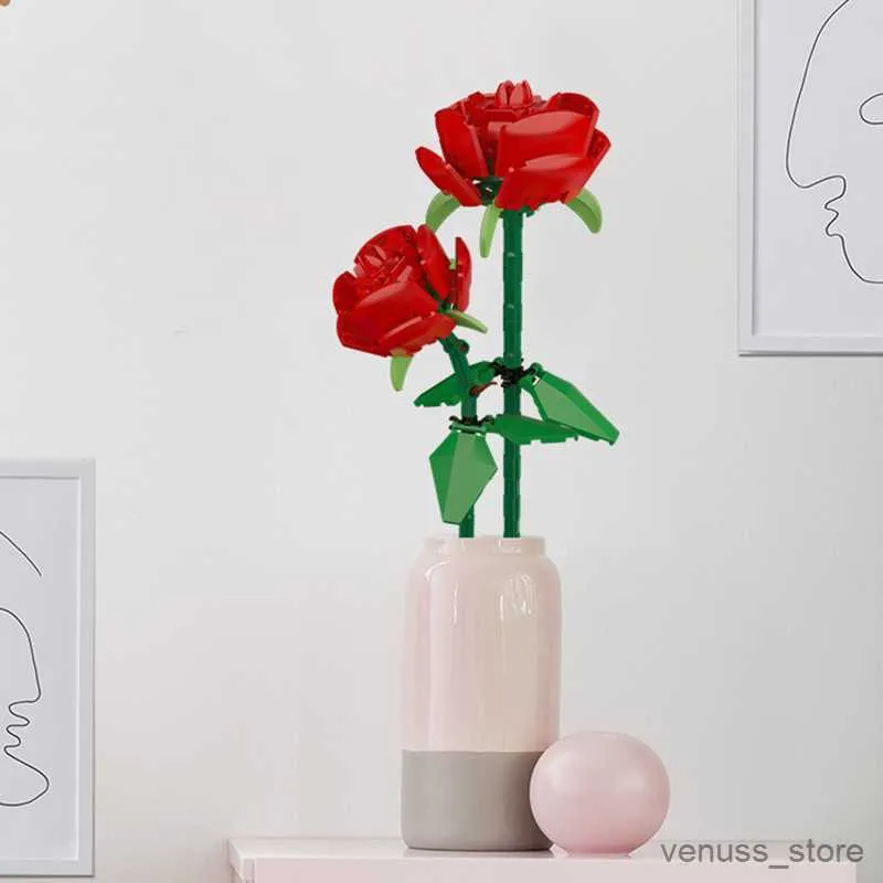 Bloki bukietowe bloki budulcowe róże domowe dekoracja rośliny romantyczne walentynki kwiat model dziecięcy prezent zabawki R230629