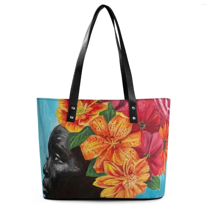 Kvällspåsar fleur kvinna huvud handväskor blommor konsttryck söt axel väska skola pu läder tote student handtag designer shopping shopping
