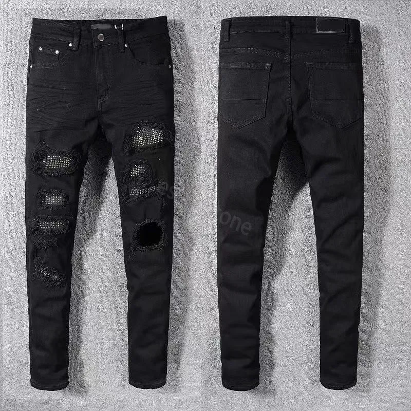 Schwarze zerrissene Jeans Miri Jeans Herren Designer Knie Skinny Straight Größe 28-40 Motorrad Trendy Long Hole High Street Denim Bin gestapelt