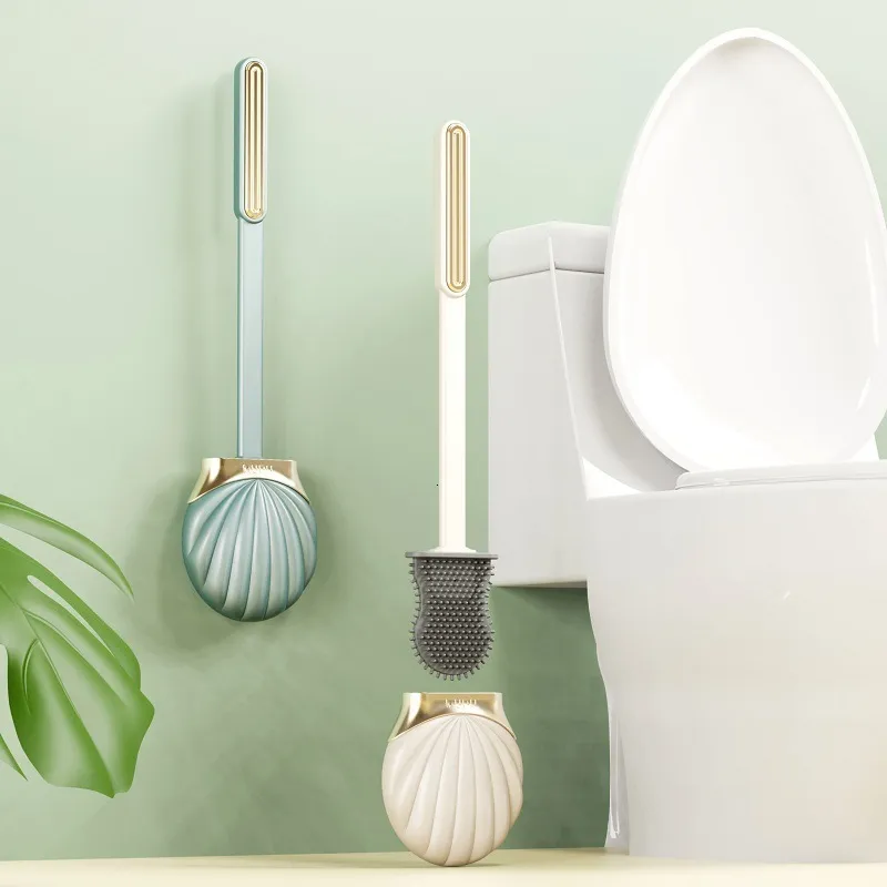 Toilet Brushes Holders Long Handle Silicone Flat Toilet Brush with Shell Shape Holder Dead Corner Cleaning Punchless Bathroom Accesories Sets Tools 230629