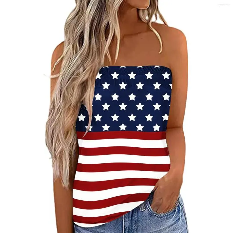 Kvinnors tankar Amerikanska flaggtryck stropplöst rörtopp för kvinnor 2023 sommaren juli 4: e kamisolen sexig off axel ärmlös blustank