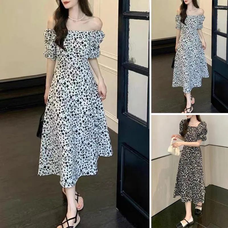 Casual Dresses Women Dress Bubble Hermes Square Neck Mid-Calf Längd sida Split Summer Flower Print High midje Lady Dating Midi