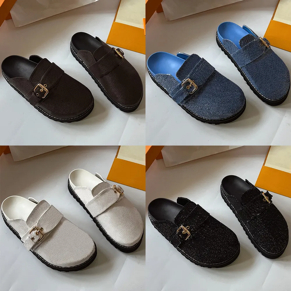 Mysig platt komforttrosa mule sandaler brun vit läder blå svart grå denim designer kvinnors tofflor mode glider sommar strand glid tofflor lyx platt sandal