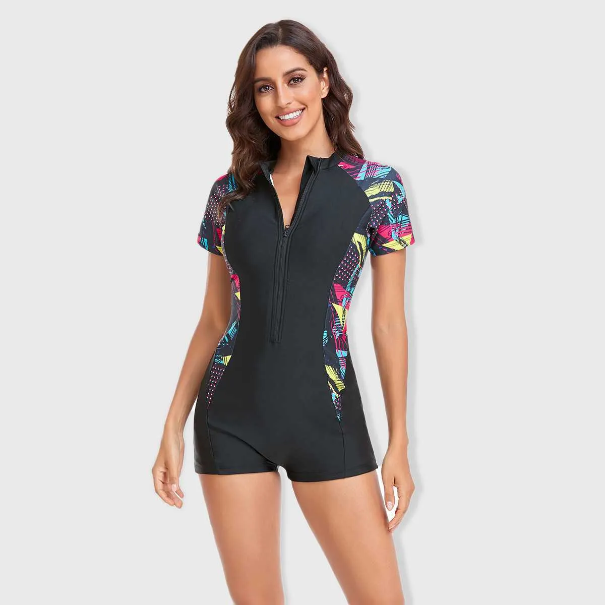 Swim Wear 2023 Ny Short Seve Swimsuit Women One Piece Rash Guards Surf Bodysuit Floral dragkedja Badkläder Girl Monokini Bath Swimming Wear HKD230628