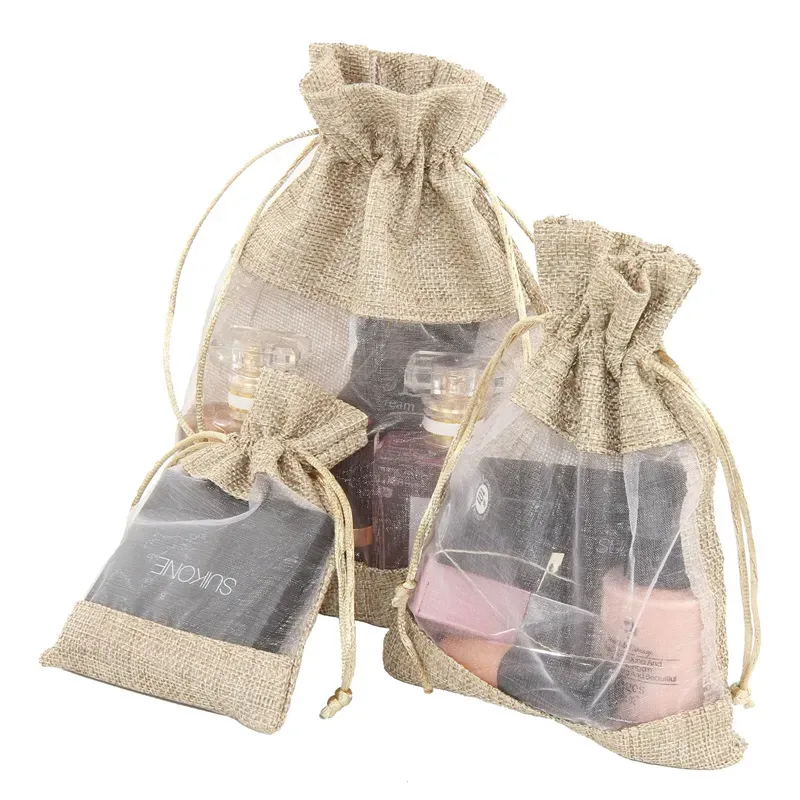 500PCS Organza Jute Torby Burlap Weddstring Wedding Favors Favors Prezent na cukierki Opakowanie biżuterii do makijażu przez DHL