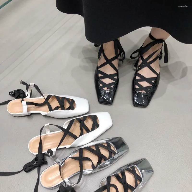 Sandals Square Toe Women Patent Leather Flat Heeled Cross Strap Lace Up Summer Party Shoes Woman Size 35-39 White Black