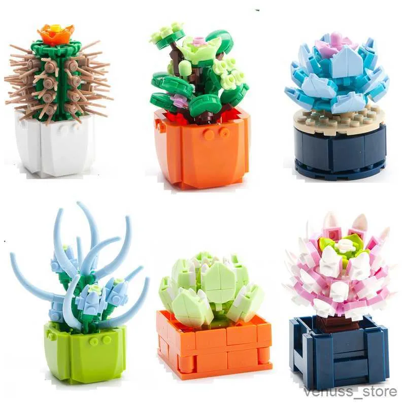 Block Mini Succulent Potted Building Blocks Home Desktop Green Plant Decoration Simulation Flower Small Particle Monterade Toys R230629