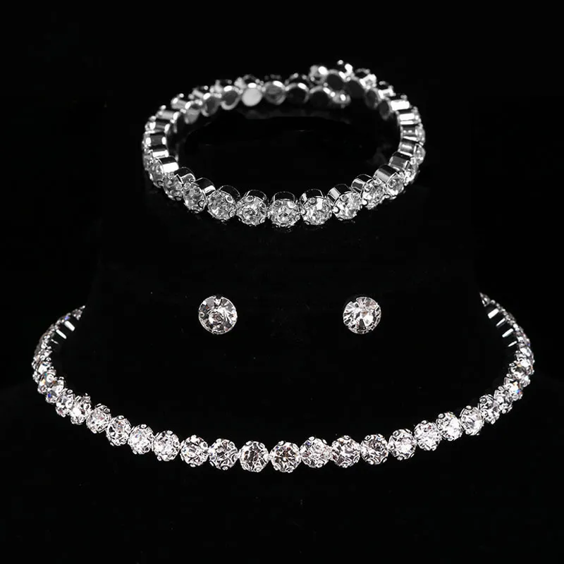 Ensembles de bijoux de mariage de luxe mode cristal rond ensemble pour les femmes charme argent couleur bracelet boucle d'oreille à la mode blanc zircon chaîne collier 230627