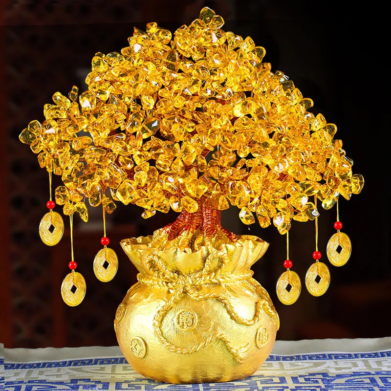 Dekorativa föremål Figurer 19/24cm Lucky Tree Wealth Yellow Crystal Tree Natural Money Tree Ornament Bonsai Style Wealth Luck Feng Shui Ornament Craft 230629