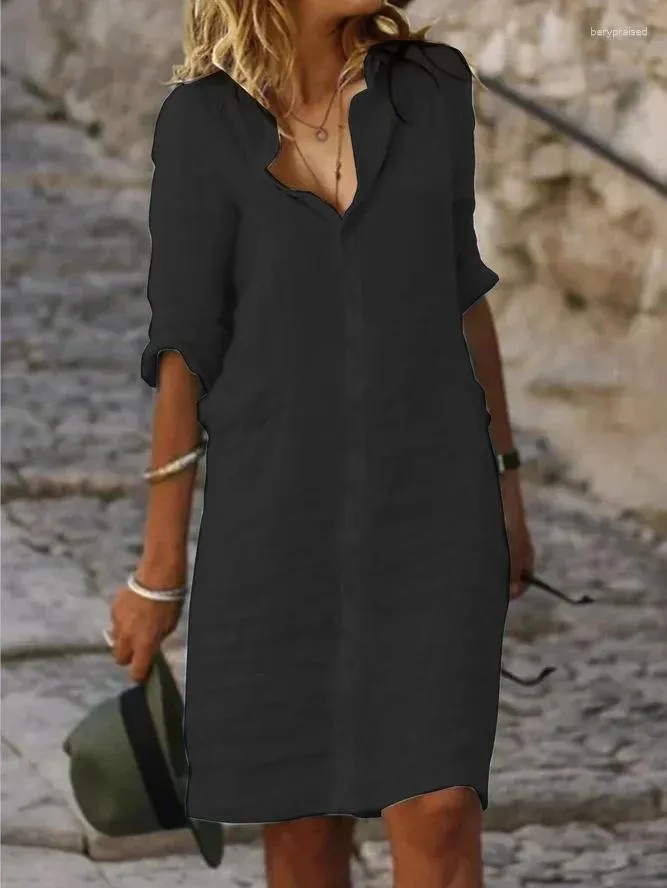 Womens Knee-Length Vintage Cotton and Linen Shirt Dress with Lapel Collar  and Half Flutter Sleeves from Dhgate Basic & Casual Dresses - price 24.08