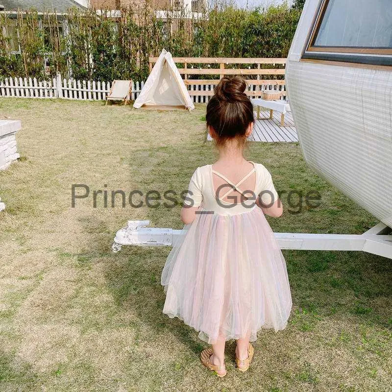 Party Dresses Summer Girl Backless Dress 2022 Korean Style Baby Shortsleeved Rainbow Color Princess Fluffy Mesh Dresses Girls Toddler Clothes x0629