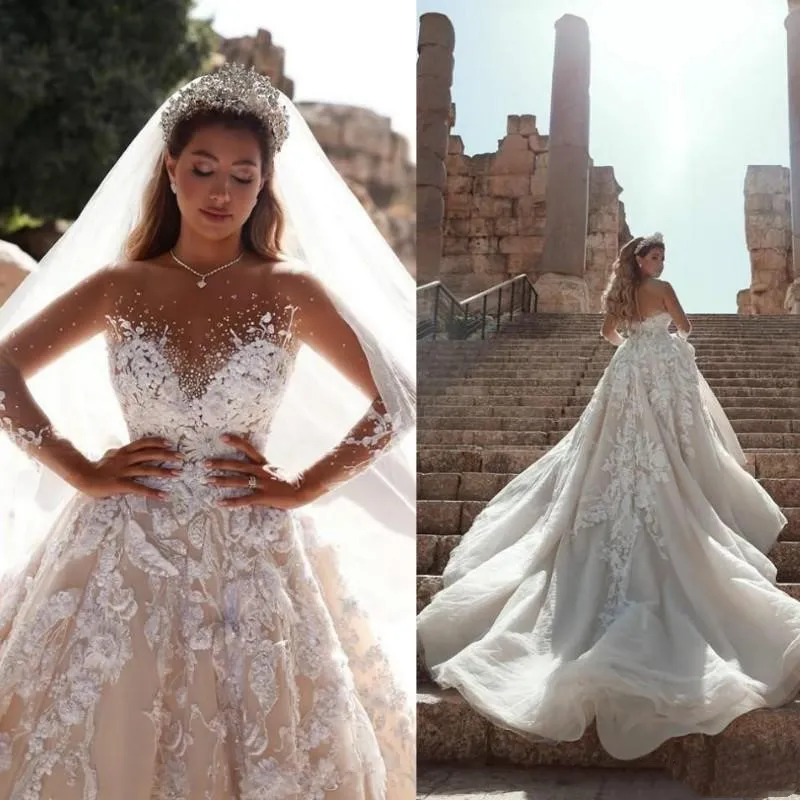 2023 arabo in rilievo di cristallo A-line 3D pizzo fiori abiti da sposa di lusso maniche lunghe Arabia Saudita Dubai Plus Size abito da sposa