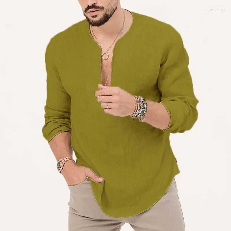 T-shirt da uomo Casual da uomo in cotone e lino manica lunga allentata con scollo a V Top Abbigliamento da uomo Vintage Pure Color Pullover T-shirt per il tempo libero quotidiano