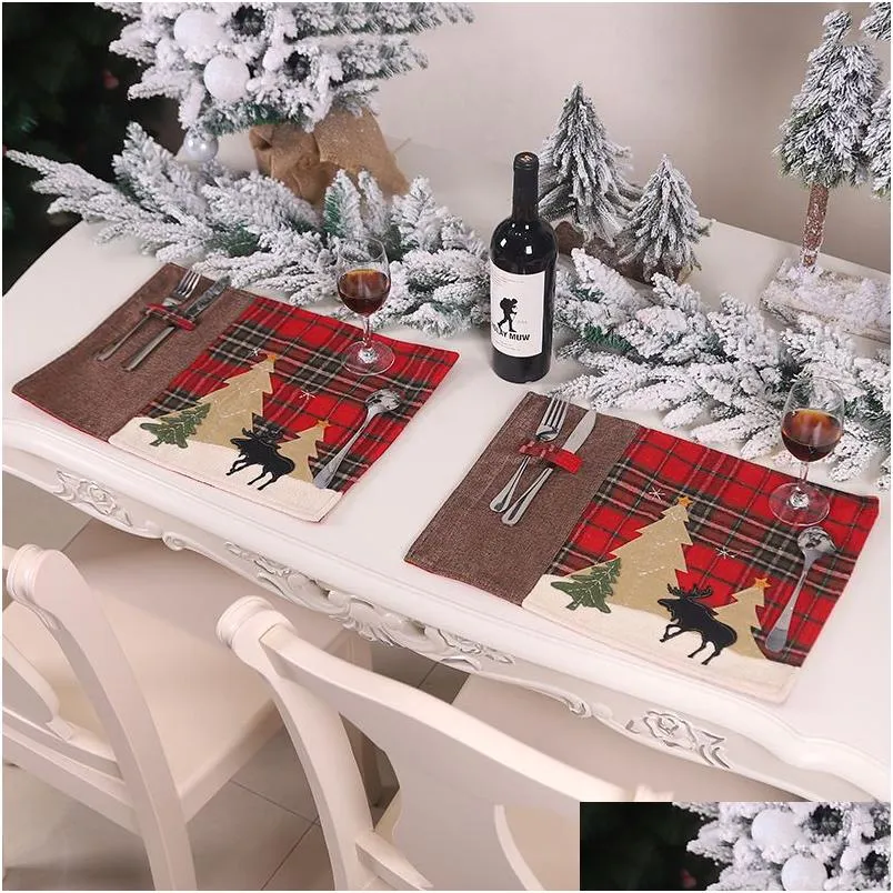 クリスマスデコレーションテーブルマットヒートプルーフクロスキッチンダイニングパッドクリスマス格子縞のエルクツリープレースマットデコレーションjk2010xbドロップデリバリーdhvpk
