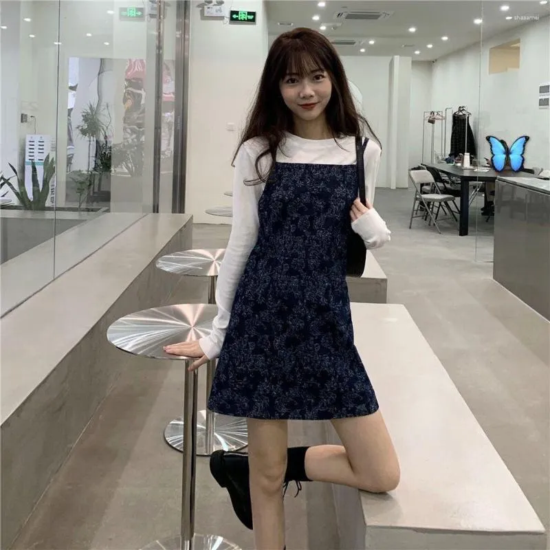 Casual Dresses Jacquard Suspender Dress Women's Korean Style midja Show Thin Denim kjol y2k formellt tillfälle vestidos 2023 kvinnor