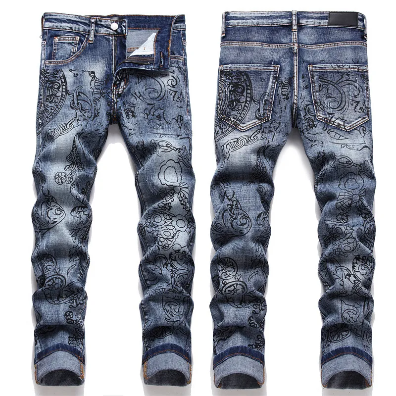 Print Relaxte jeans met slanke pijpen heren voor nachtclubbroek