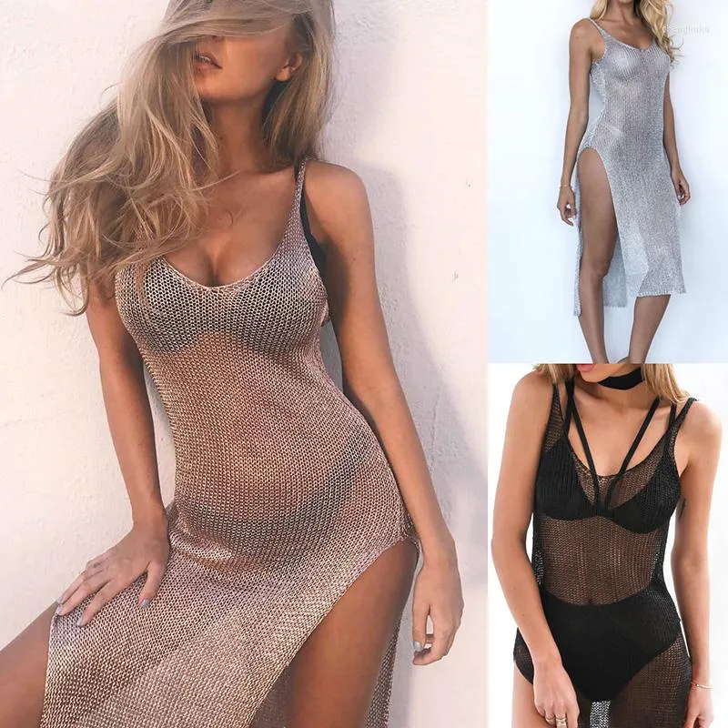 Casual Dresses Summer Women Sexy Mesh Beach Dress Sheer Long Cover Up Knitted Glitter Female Swimsuit Bikini Bathing Suit Swimwear