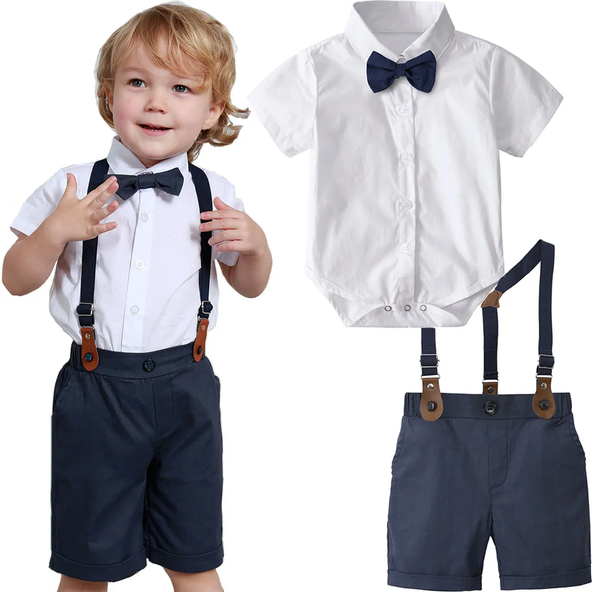 Rompers Byboys Baptism Outfit Infall Gentleman Clothing Set Toddler Christning短袖Bowtie Romper Suspendersパンツスーツ230628