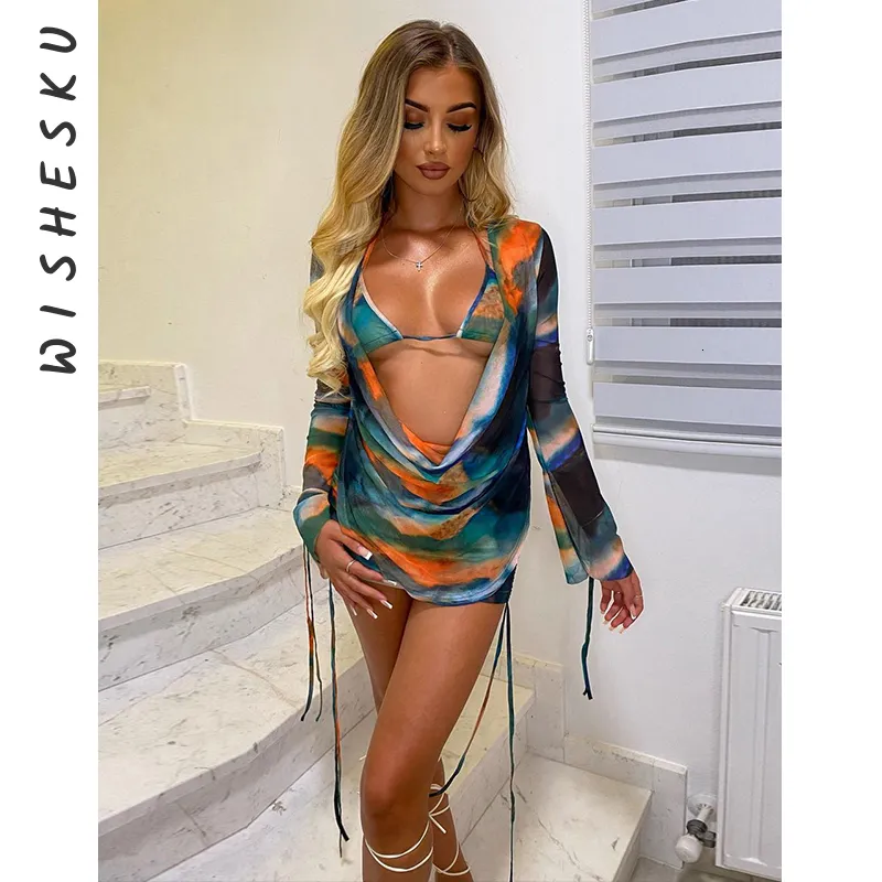 Two Piece Dress Sexy Slit Cuff Plunge Neck Backless Drawstring Ruched Mini Dress Lace Up Bra Outfits 2023 Summer Beach Holiday Set 230629