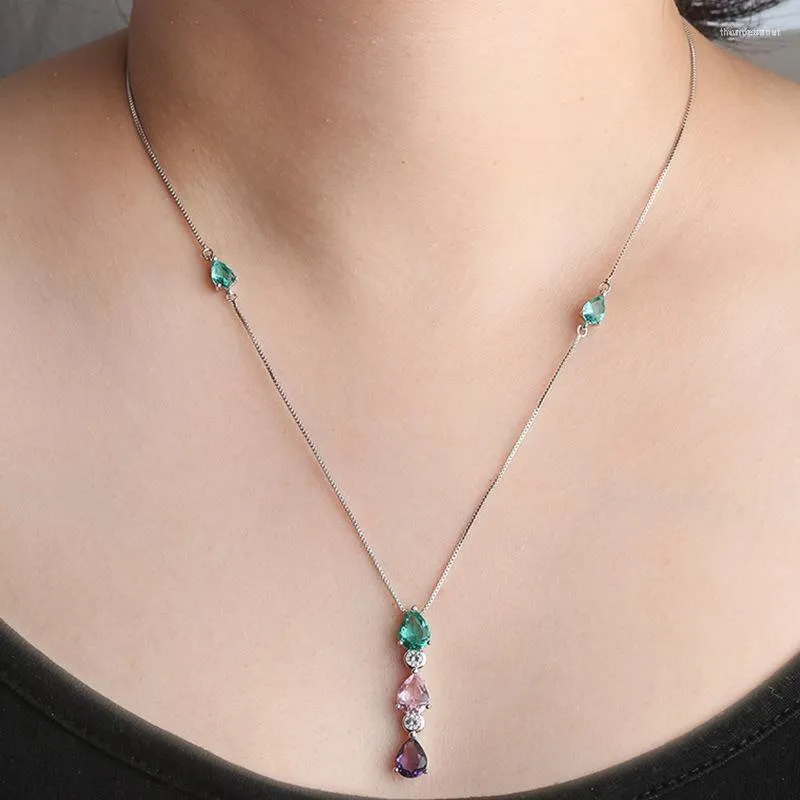 Kedjor Multicolor Water Drop Crystal Zircon Long Pendant Necklace For Women Gold Color Chain Green Stone Unique Party Statement Smycken