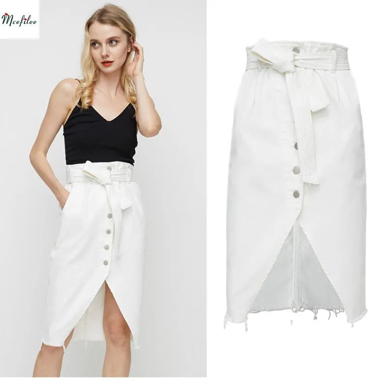 Vestidos logami cintura alta rasgado bodycon denim saias das mulheres branco midi jeans saia feminina sexy saia lápis plus size jean saias