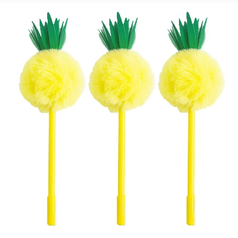 Stifte 12pcs/Bulk Neuheit süße lustige flauschige Ananas Pens Fuzzy Pom Stationery Pen Kawaii Kugelschule Büro Schwarz Blue Ink Zeug