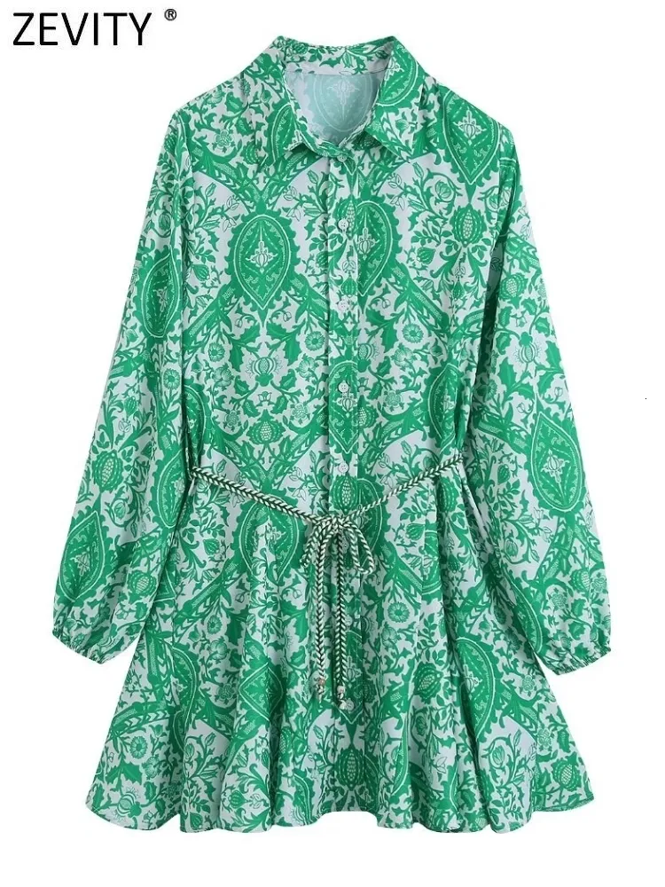 Robes décontractées basiques ZEVITY femmes mode Paisley imprimé fleuri ceinture Mini chemise robe femme Chic grand ourlet pli plissé vert Vestidos DS9353 230629