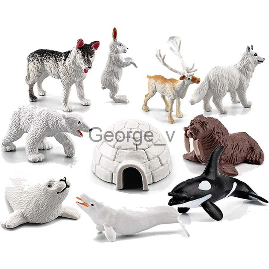 Minifig Realistische Polar Dieren Model Beeldjes Speelgoed Arctische Dierfiguren Ijsbeer Rendier Seal Wolf Konijn Poolvos Iglo 10PCS J230629