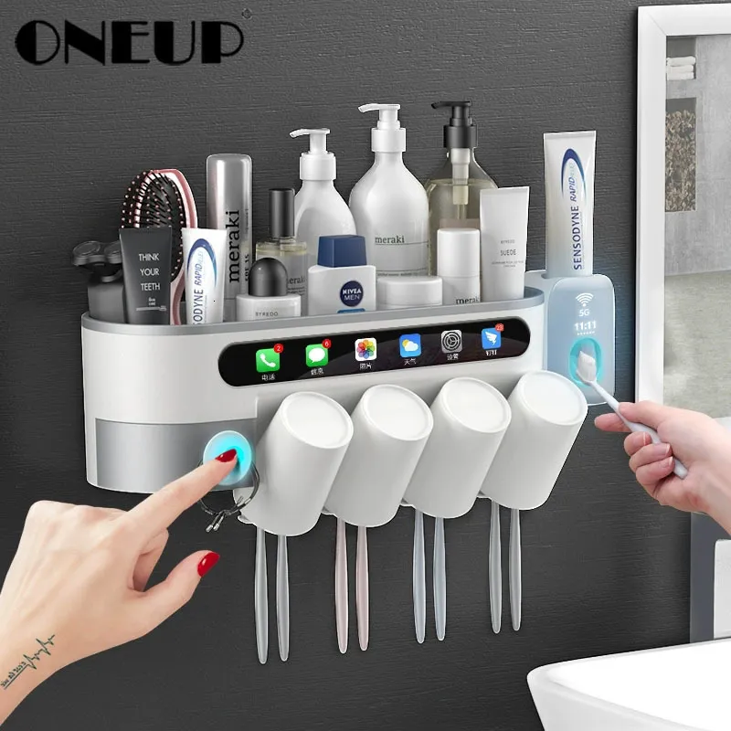 Bath Accessory Set ONEUP Toothbrush Holder Toothpaste Device With Cup Wall Mounted For Toiletries Cosmetic Storage Bathroom Accessories 230628