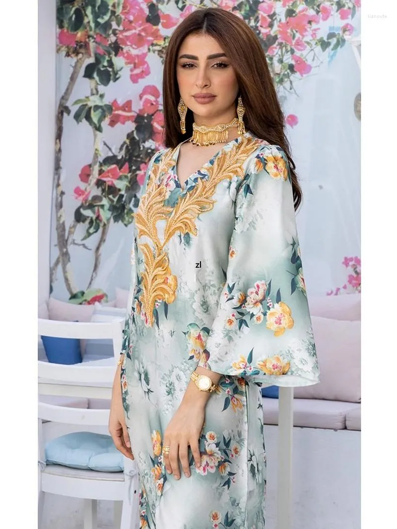 Arabic Printed Dress Women Jalabiya Long Ankle-Length Kaftan with Beaded  Appliques Floral Print Chiffon Acetate Fabric from Dhgate Ethnic Clothing -  price 54.06