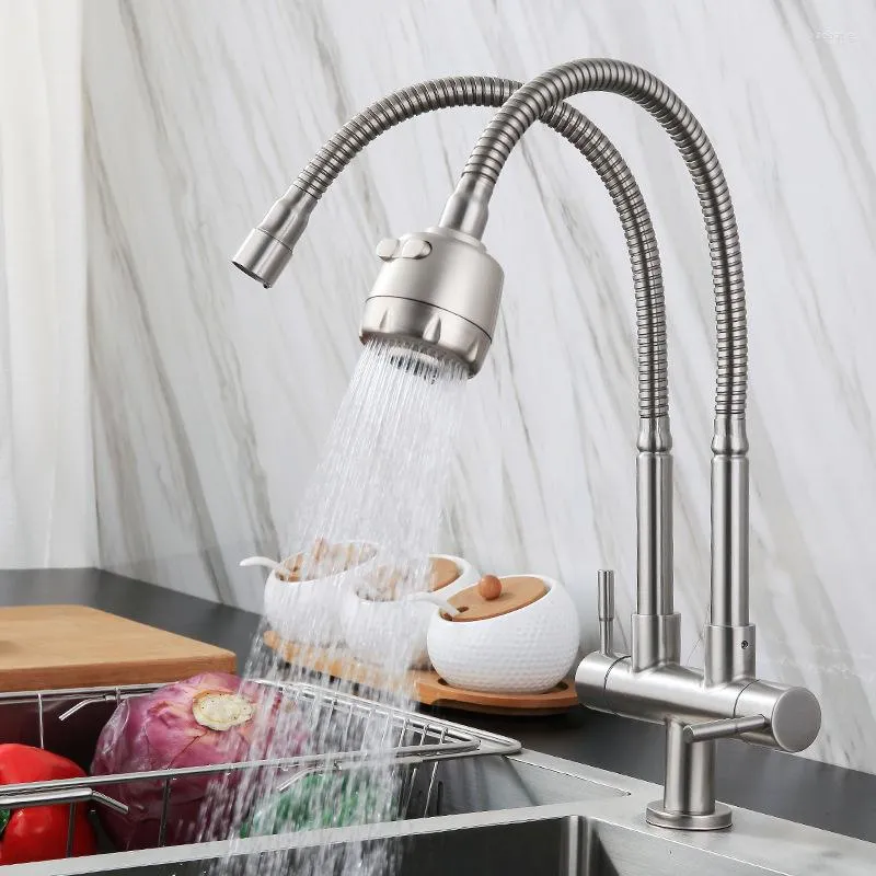 Kökskranar Dubbel utloppskran 304 Rostfritt stål Singel Cold Pipe Tap Universal Rotating Sink