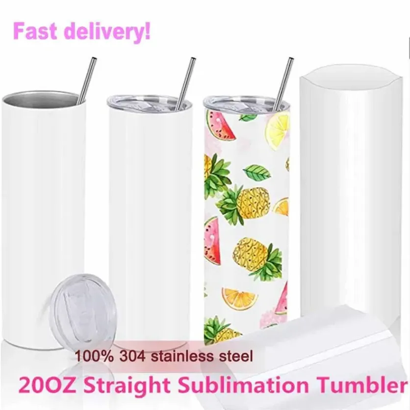 CA USA Warehouse Blank Sublimation Tumbler 20oz STRAIGHT tumbler Straight Cups Stainless Steel slim Insulated Tumbler Beer Coffee Mugs Rubber bottom
