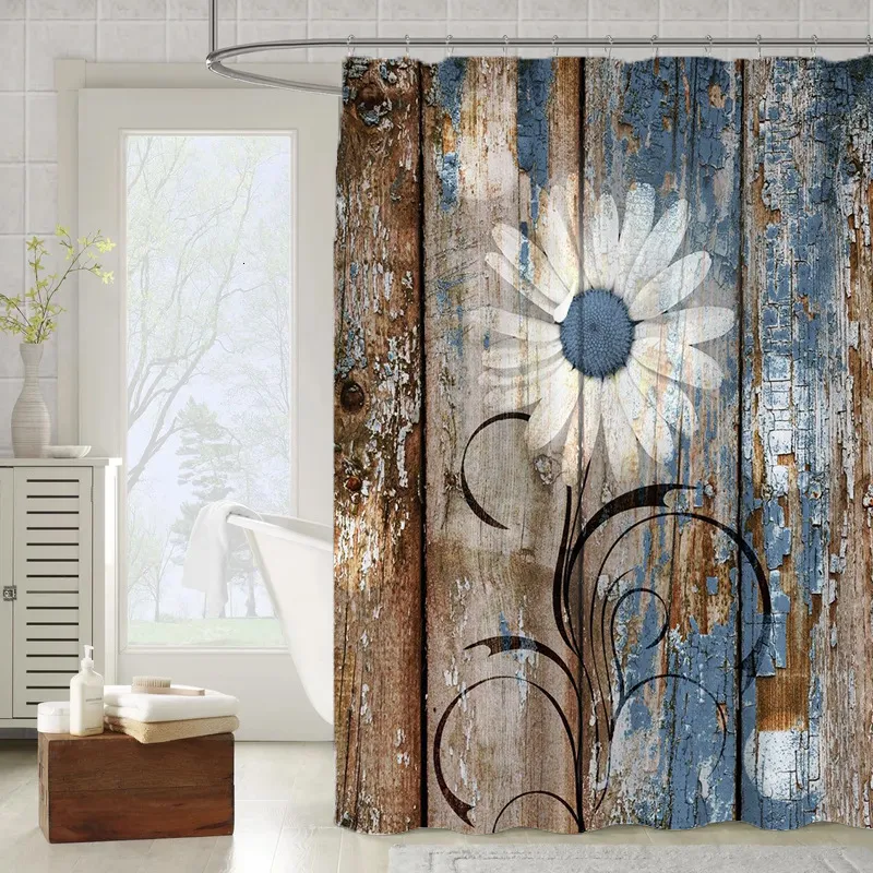 Tenda Doccia Rustica Floreale Con Margherite Viola – 178x188 Cm – Tessuto Poliestere Con Ganci – Stile Country Shabby Chic