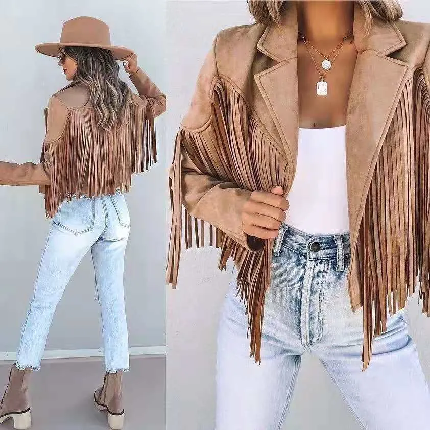 Women's Y2K Fringed Hem Tassel Cardigan - Suede Leather Crop Jacket, Skull Pattern, Casual Streetwear Coat, Pink, Black, White, Khaki, Red Women's Y2K Fringed Hem Tassel Cardigan - Suede Leather Crop Jacket, Skull Pattern, Casual Streetwear Coat, Pink, Black, White, Khaki, Red