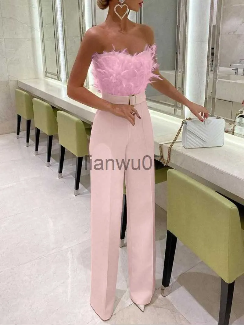 Womens Jumpsuits Rompers Chic and Elegant Women Overall Jumpsuit Monkeys Summer 2023 Plush Feather Patchwork Belted Bodysuit Formal Party Evening Fema J230629