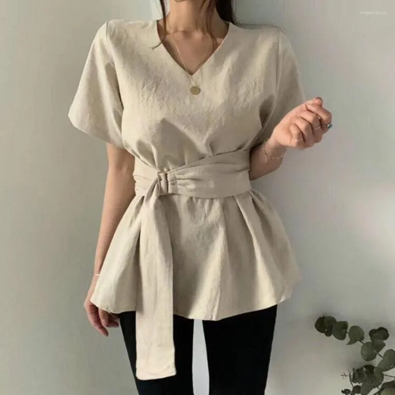 Femmes Blouses Femmes D'été Mince Chemisier Décontracté Ceinture Mode Simple Élégant Bureau Dame Chemises Coréenne Janpanese Style V-cou Tops Streetwear