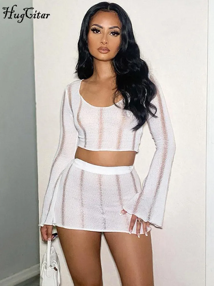 Two Piece Dress Hugcitar Knitted Solid O Neck Flare Sleeves Cut Out Crop Top Skirts 2 Pieces Matching Set Irregular Sexy Outfit Festival Club 230629