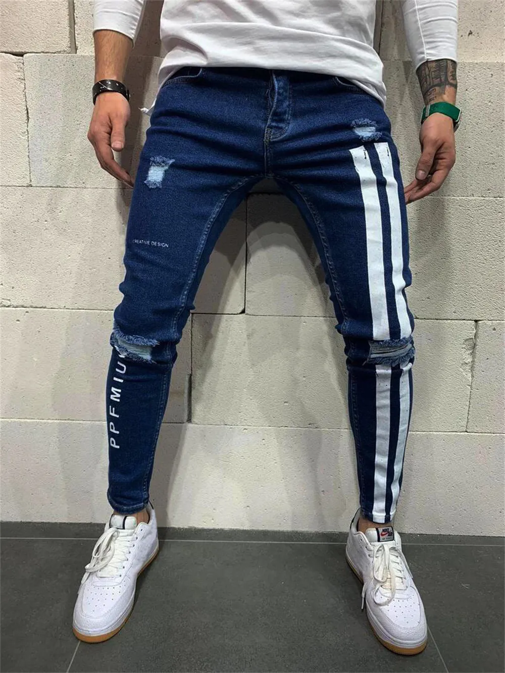 Мужские джинсы Мужские эластичные рваные скинни в байкерском стиле с полосками по бокам с буквенным принтом с разрушенными отверстиями Slim Fit Denim Высокое качество Хип-хоп Черный 230629