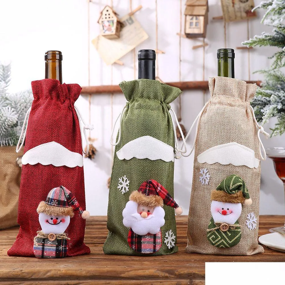 زينة الكريسماس زجاجة نبيذ Er Santa Claus Snowman Dstring Gift Bags أدوات المائدة زينة عيد الميلاد Xbjk2108 توصيل قطرة Hom Dhci8